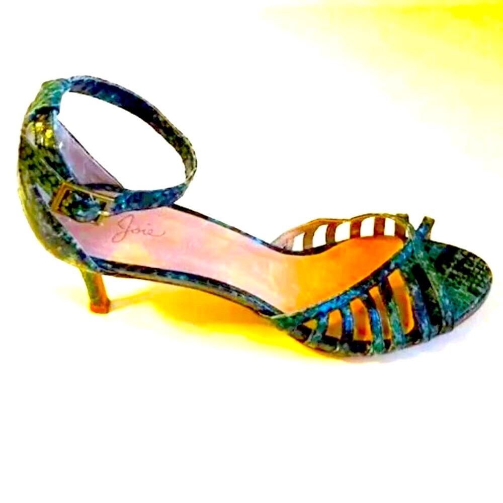 New JOIE Caged Open-toe Sandal Pumps Emerald Snakeskin Leather Kitten Heel 7 - Picture 5 of 11